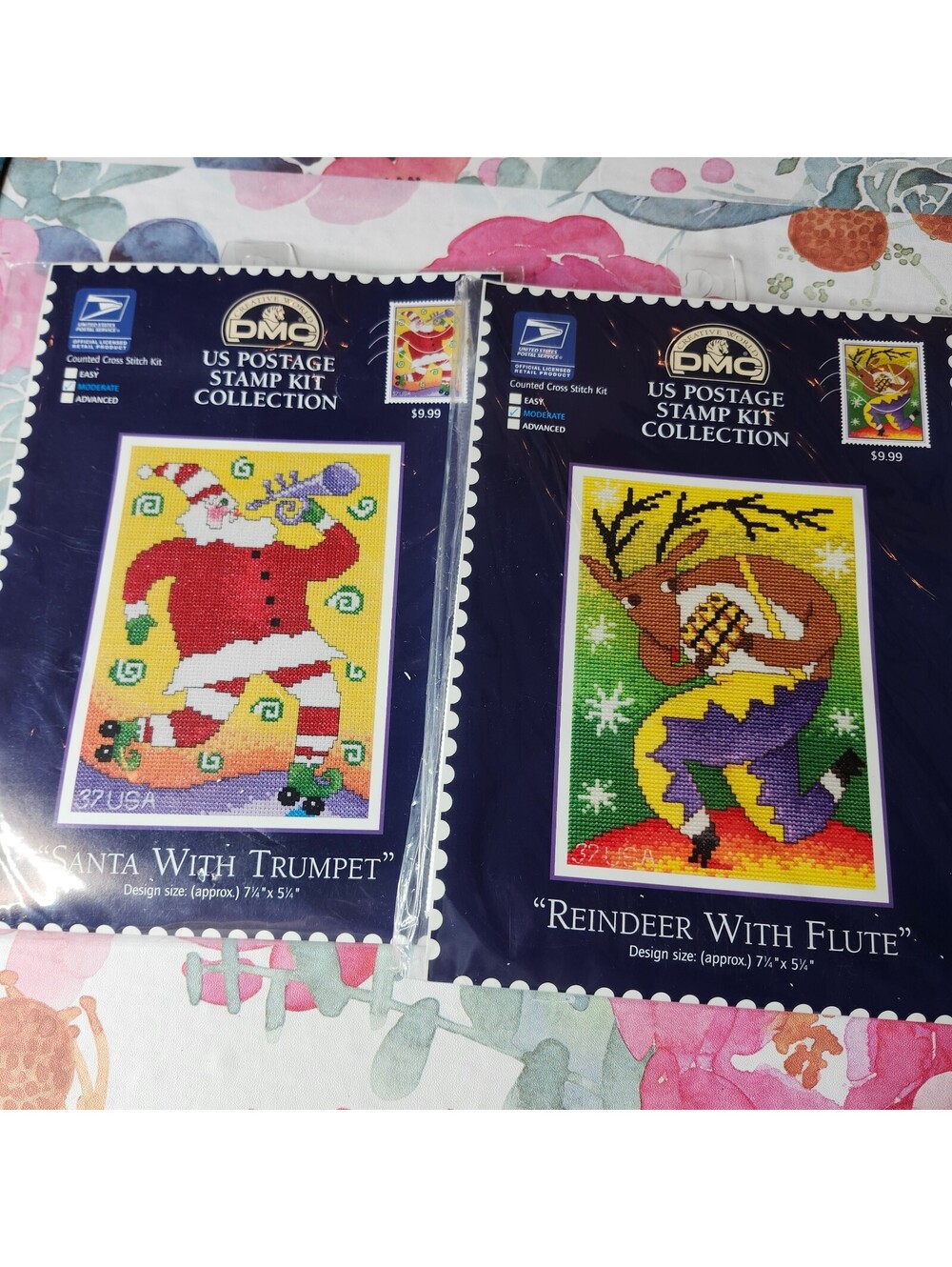 DMC US Postage Stamp Cross Stitch Kits Santa Reindeer Christmas Set of 2